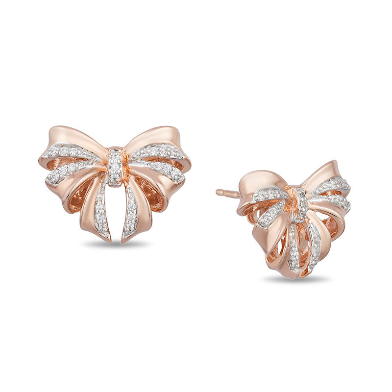 Main Image 1 of Enchanted Disney Snow White 1/10 CT. T.W. Diamond Bow Stud Earrings in 10K Rose Gold
