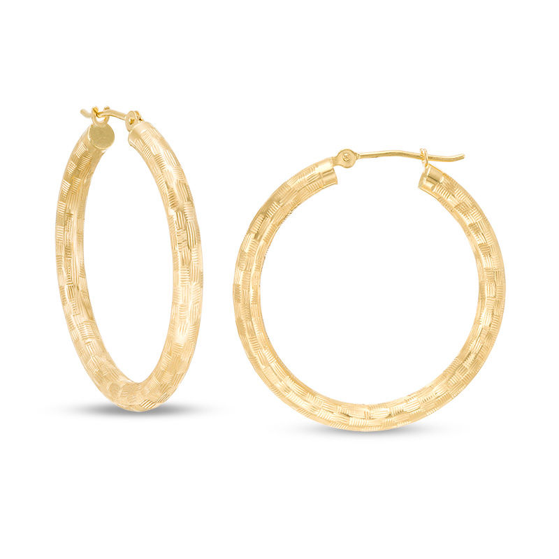 3.0 x 30.0mm Diamond-Cut Basket Weave Hoop Earrings in 14K Gold