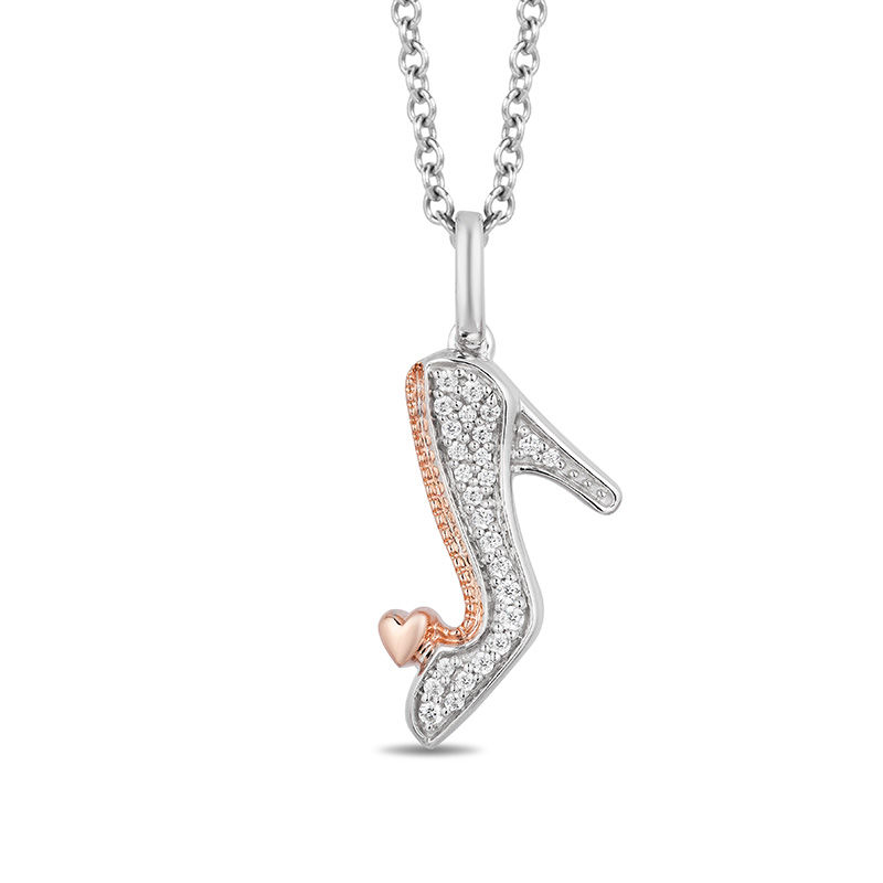 Enchanted Disney Cinderella 1/10 CT. T.W. Diamond Glass Slipper Pendant in Sterling Silver and 10K Rose Gold - 19"
