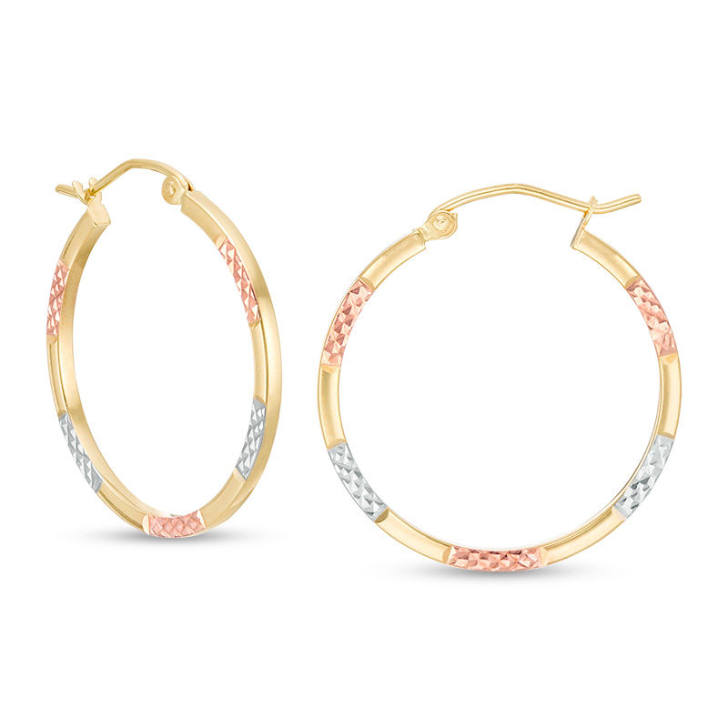 1.0 x 25.0mm Textured Hoop Earrings in 14K Tri-Tone Gold