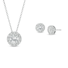 Lab-Created White Sapphire Halo Frame Pendant and Stud Earrings Set in Sterling Silver
