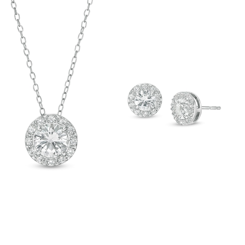 Main Image 1 of Lab-Created White Sapphire Halo Frame Pendant and Stud Earrings Set in Sterling Silver