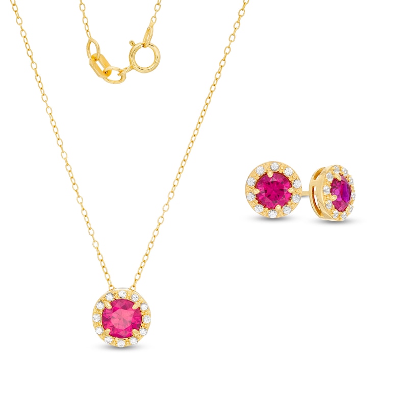 Lab-Created Ruby and White Sapphire Frame Pendant and Stud Earrings Set in Sterling Silver with 18K Gold Plate
