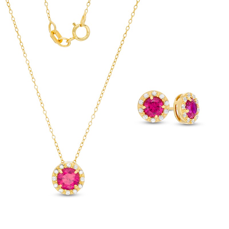 Main Image 1 of Lab-Created Ruby and White Sapphire Frame Pendant and Stud Earrings Set in Sterling Silver with 18K Gold Plate