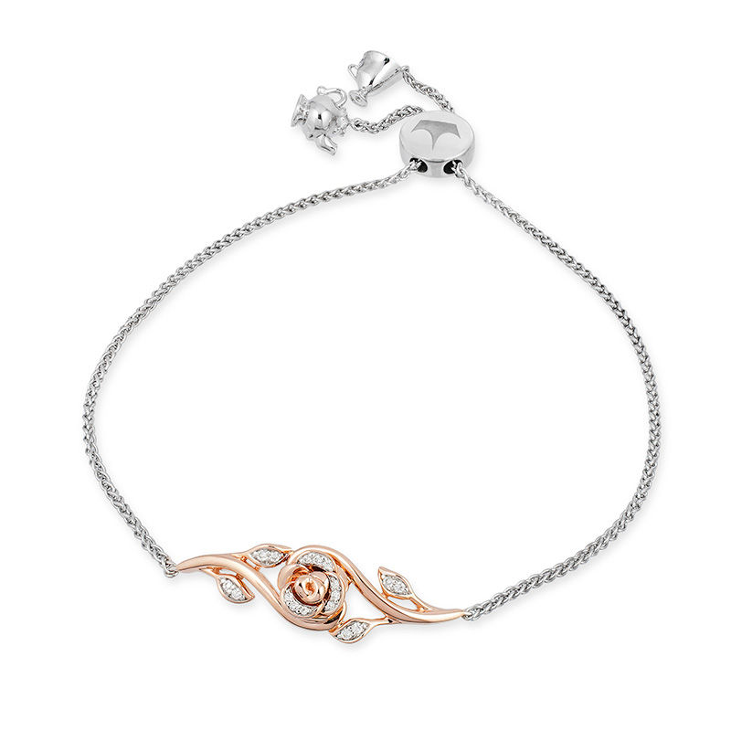 Enchanted Disney Belle 1/10 CT. T.W. Diamond Bypass Rose Bolo Bracelet in Sterling Silver and 10K Rose Gold - 10.5"