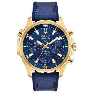 Men s Bulova Classic Chronograph Rose tone Strap Watch with Blue Dial Model 97B170