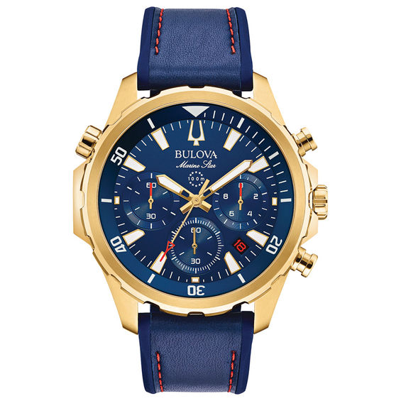 Men's Bulova Marine Star Chronograph Gold Tone Strap Watch With Blue Dial (model: 97b168)