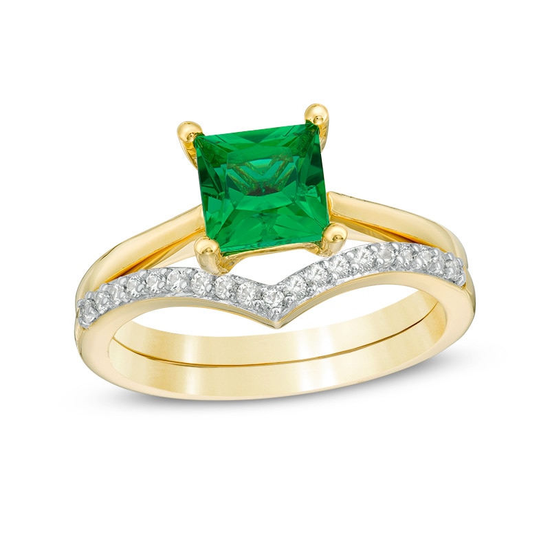 Main Image 1 of 6.0mm Princess-Cut Lab-Created Emerald and 1/15 CT. T.W. Diamond Chevron Bridal Set in 10K Gold