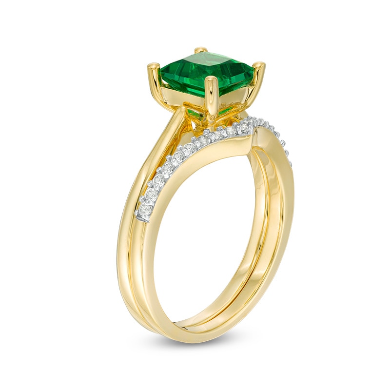 Main Image 3 of 6.0mm Princess-Cut Lab-Created Emerald and 1/15 CT. T.W. Diamond Chevron Bridal Set in 10K Gold