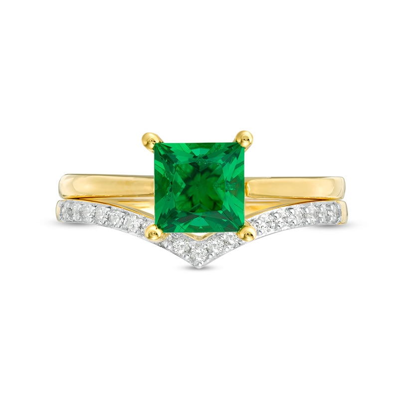 Main Image 4 of 6.0mm Princess-Cut Lab-Created Emerald and 1/15 CT. T.W. Diamond Chevron Bridal Set in 10K Gold