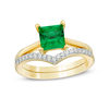 Thumbnail Image 0 of 6.0mm Princess-Cut Lab-Created Emerald and 1/15 CT. T.W. Diamond Chevron Bridal Set in 10K Gold