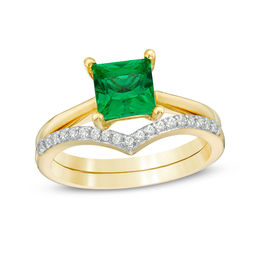 6.0mm Princess-Cut Lab-Created Emerald and 1/15 CT. T.W. Diamond Chevron Bridal Set in 10K Gold