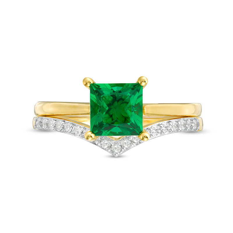 6.0mm Princess-Cut Lab-Created Emerald and 1/15 CT. T.W. Diamond Chevron Bridal Set in 10K Gold