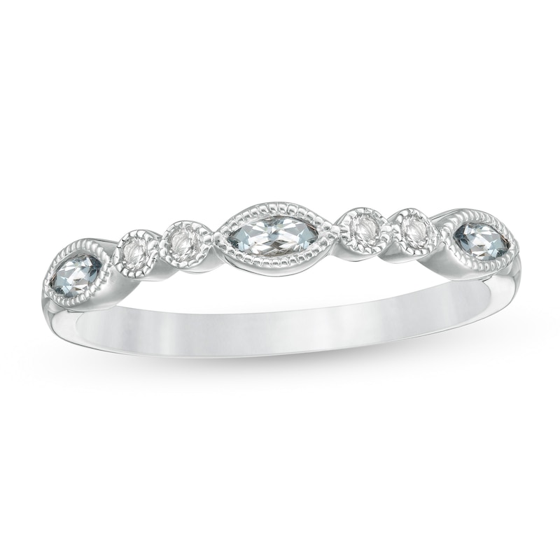Main Image 1 of Marquise Aquamarine and White Topaz Bezel-Set Vintage-Style Ring in Sterling Silver