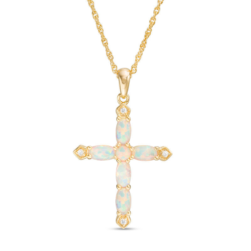 Oval and Round Lab-Created Opal and White Sapphire Pointed Cross Pendant in Sterling Silver with 14K Gold Plate