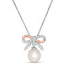 Thumbnail Image 0 of 8.0mm Cultured Freshwater Pearl and Lab-Created White Sapphire Bow Pendant in Sterling Silver and 14K Rose Gold Plate