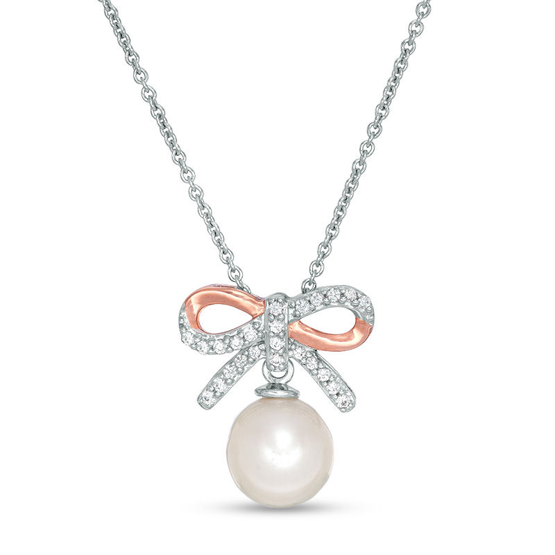 8.0mm Cultured Freshwater Pearl and Lab-Created White Sapphire Bow Pendant in Sterling Silver and 14K Rose Gold Plate