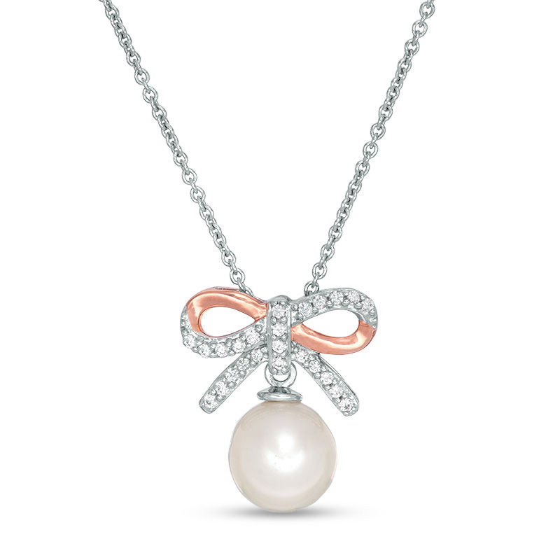 Main Image 1 of 8.0mm Freshwater Cultured Pearl and Lab-Created White Sapphire Bow Pendant in Sterling Silver and 14K Rose Gold Plate