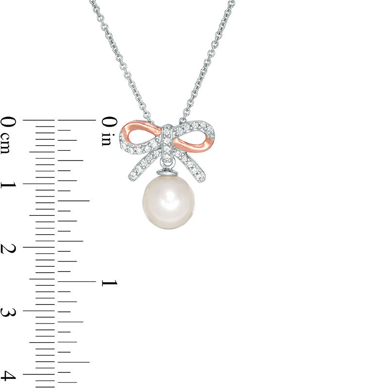 Main Image 2 of 8.0mm Freshwater Cultured Pearl and Lab-Created White Sapphire Bow Pendant in Sterling Silver and 14K Rose Gold Plate