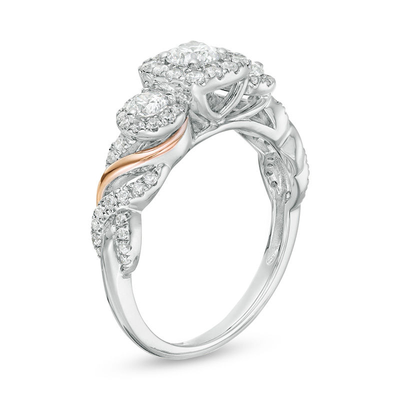 Main Image 2 of 1 CT. T.W. Diamond Past Present Future® Frame Wrapped Shank Engagement Ring in 14K Two-Tone Gold