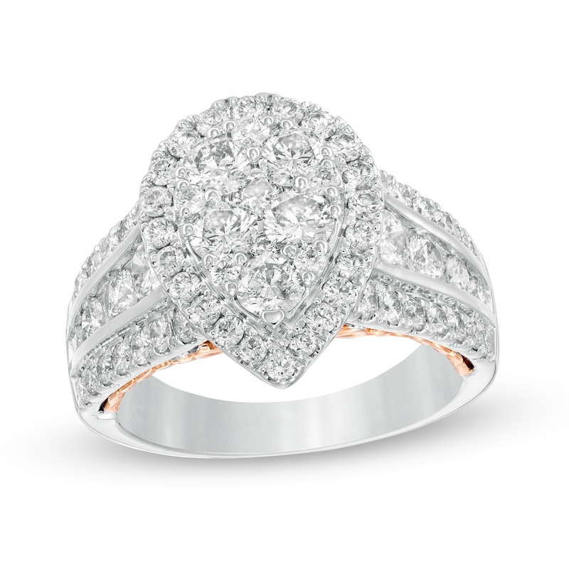 Main Image 1 of 2-1/2 CT. T.W. Composite Diamond Pear-Shaped Frame Engagement Ring in 14K Two-Tone Gold