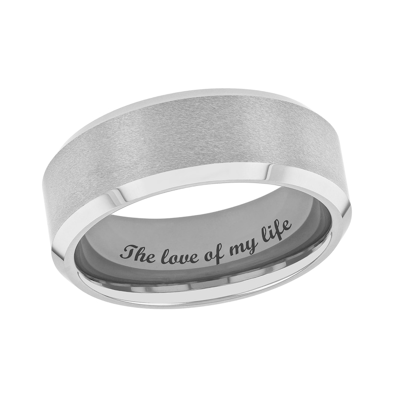 Main Image 1 of Men’s 8.0mm Satin-Centre Beveled Edge Engravable Wedding Band in Tantalum (1 Line) - Size 10