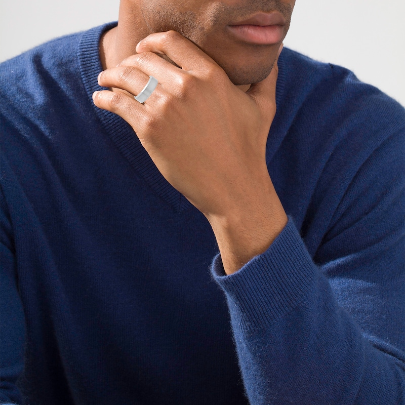 Main Image 2 of Men’s 8.0mm Satin-Centre Beveled Edge Engravable Wedding Band in Tantalum (1 Line) - Size 10