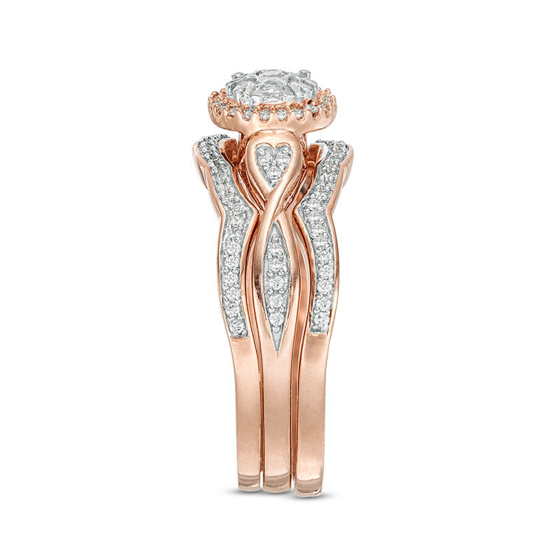 1/3 CT. T.W. Composite Diamond Frame Heart-Sides Twist Three Piece Bridal Set in 10K Rose Gold