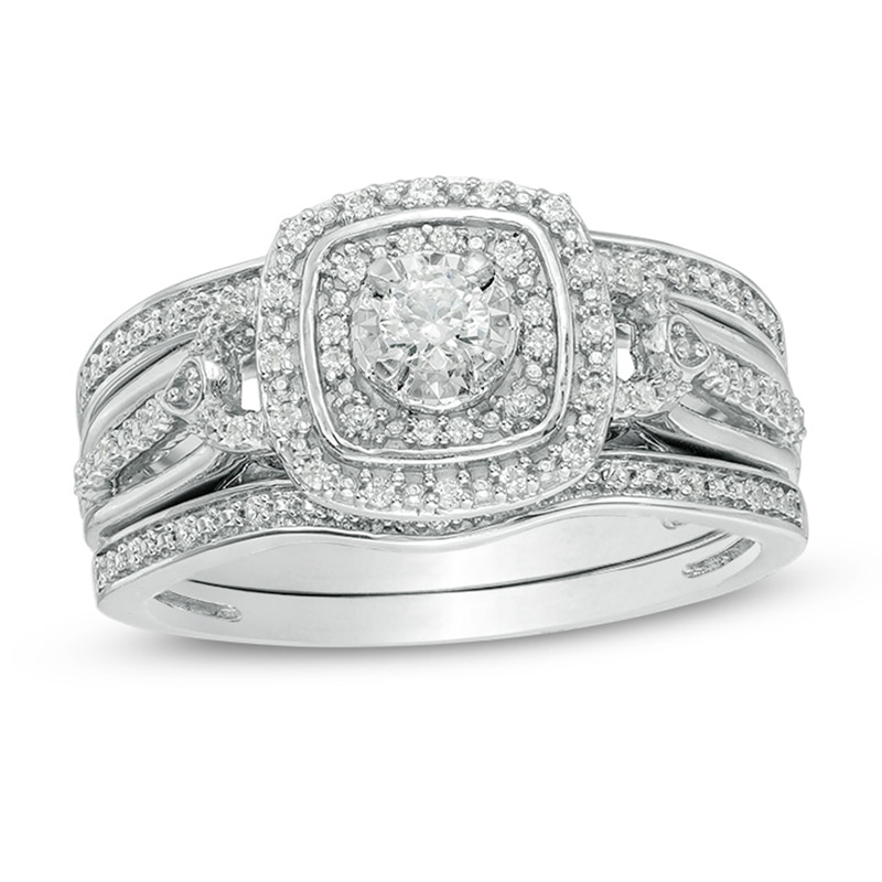 Main Image 1 of 1/4 CT. T.W. Diamond Double Square Frame Three Piece Bridal Set in Sterling Silver