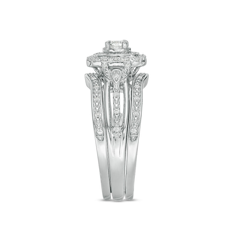 Main Image 4 of 1/4 CT. T.W. Diamond Double Square Frame Three Piece Bridal Set in Sterling Silver