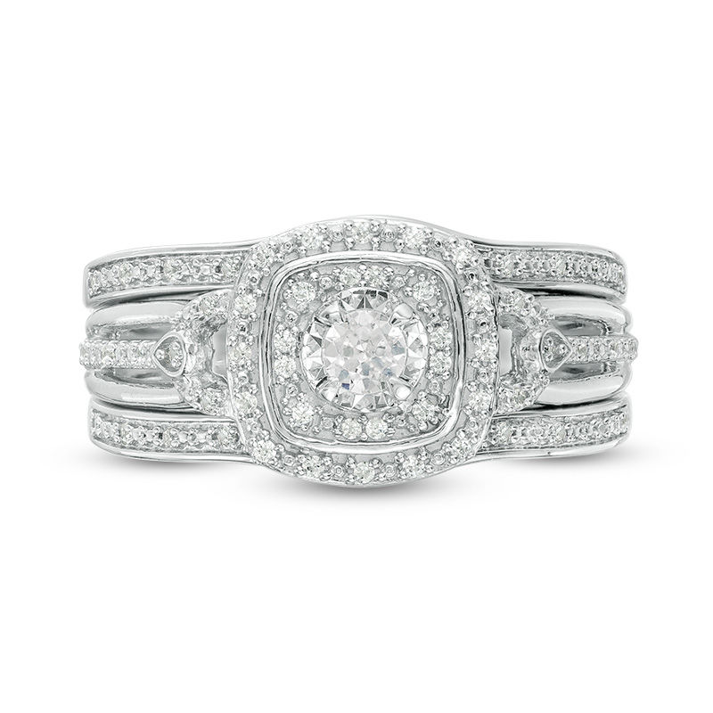 Main Image 6 of 1/4 CT. T.W. Diamond Double Square Frame Three Piece Bridal Set in Sterling Silver