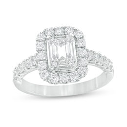 1 CT. T.W. Baguette and Round Composite Diamond Cushion Frame Engagement Ring in 14K White Gold