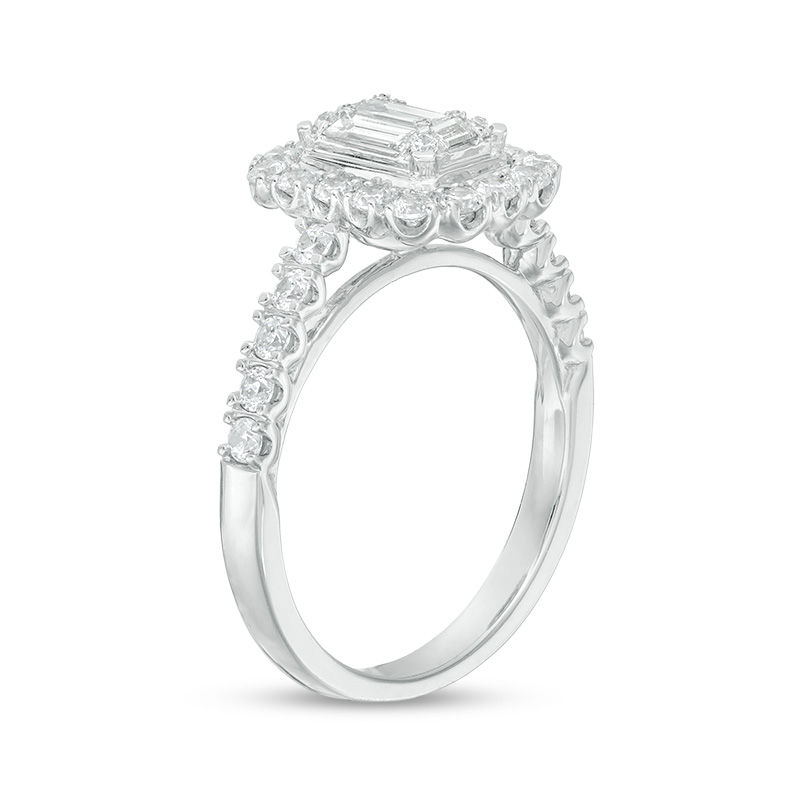 Main Image 2 of 1 CT. T.W. Baguette and Round Composite Diamond Cushion Frame Engagement Ring in 14K White Gold