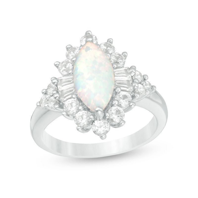 Main Image 1 of Marquise Lab-Created Opal and White Sapphire Starburst Frame Ring in Sterling Silver