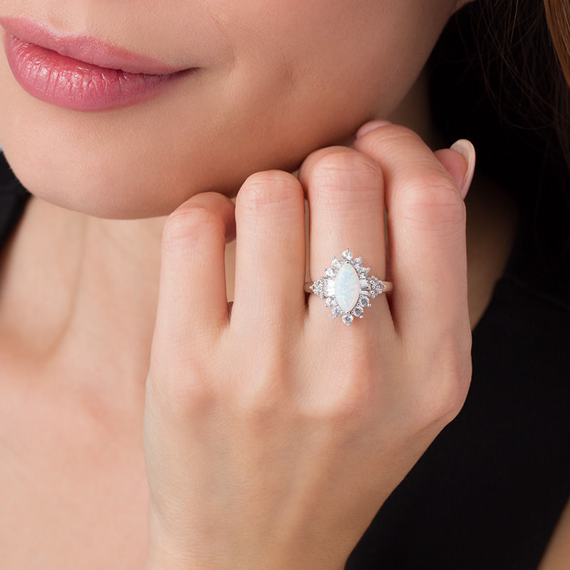 Main Image 2 of Marquise Lab-Created Opal and White Sapphire Starburst Frame Ring in Sterling Silver