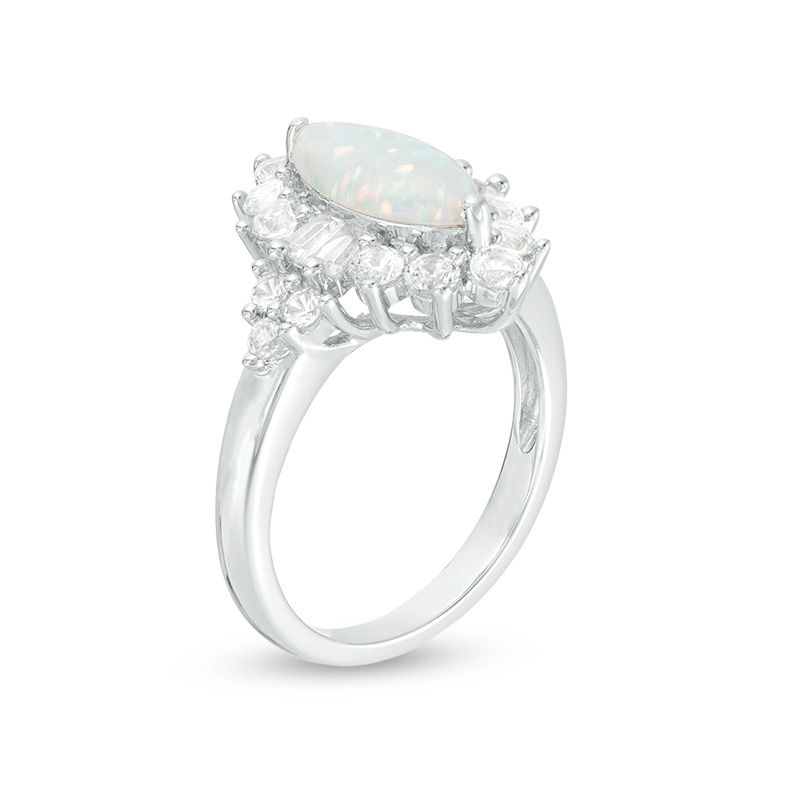 Main Image 3 of Marquise Lab-Created Opal and White Sapphire Starburst Frame Ring in Sterling Silver