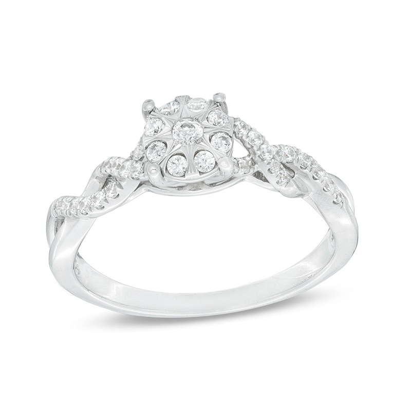 Main Image 1 of 1/4 CT. T.W. Multi-Diamond Frame Twist Shank Promise Ring in 10K White Gold