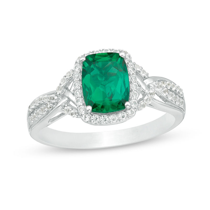 Main Image 1 of Cushion-Cut Lab-Created Emerald and White Sapphire Frame Braided Shank Ring in Sterling Silver