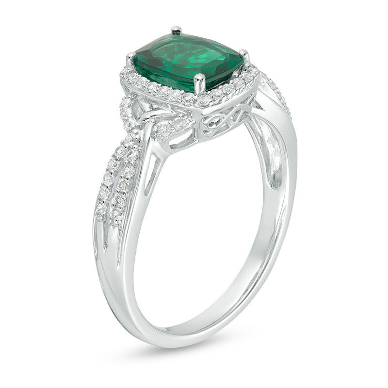 Main Image 2 of Cushion-Cut Lab-Created Emerald and White Sapphire Frame Braided Shank Ring in Sterling Silver