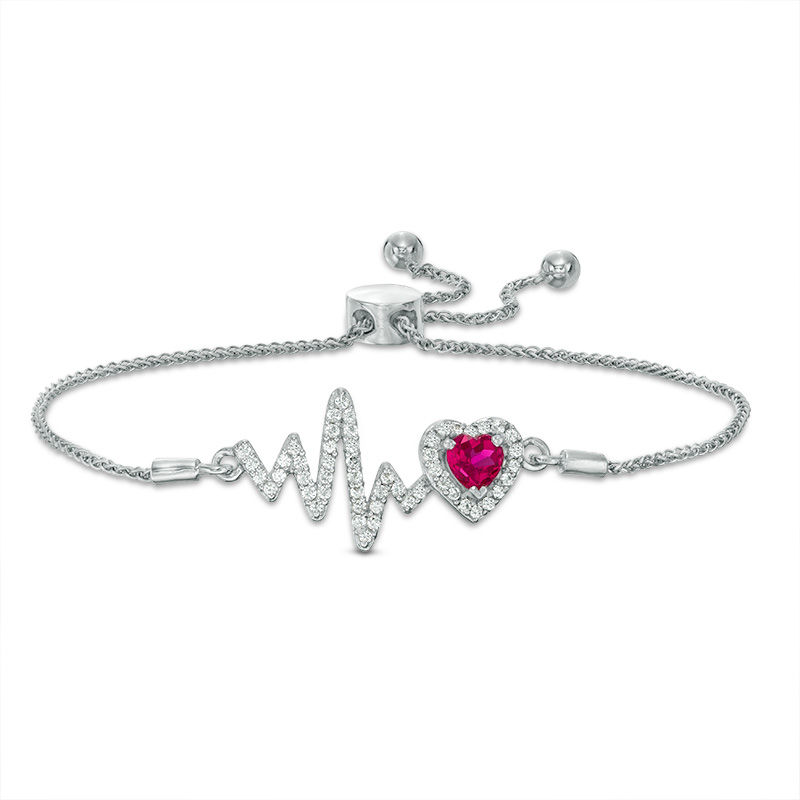Main Image 1 of 5.0mm Heart-Shaped Lab-Created Ruby and White Sapphire Frame Heartbeat Bolo Bracelet in Sterling Silver - 9.5"