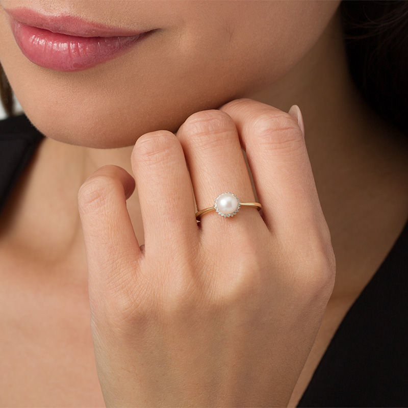 Main Image 3 of 6.0mm Freshwater Cultured Pearl and 1/20 CT. T.W. Diamond Sunburst Frame Ring in 10K Gold