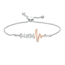 Diamond Accent &quot;MOM&quot; and Heartbeat Bolo Bracelet in Sterling Silver and 10K Rose Gold - 9.5&quot;