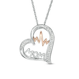 1/15 CT. T.W. Diamond &quot;MOM&quot; and Heartbeat Tilted Outline Heart Pendant in Sterling Silver and 10K Rose Gold