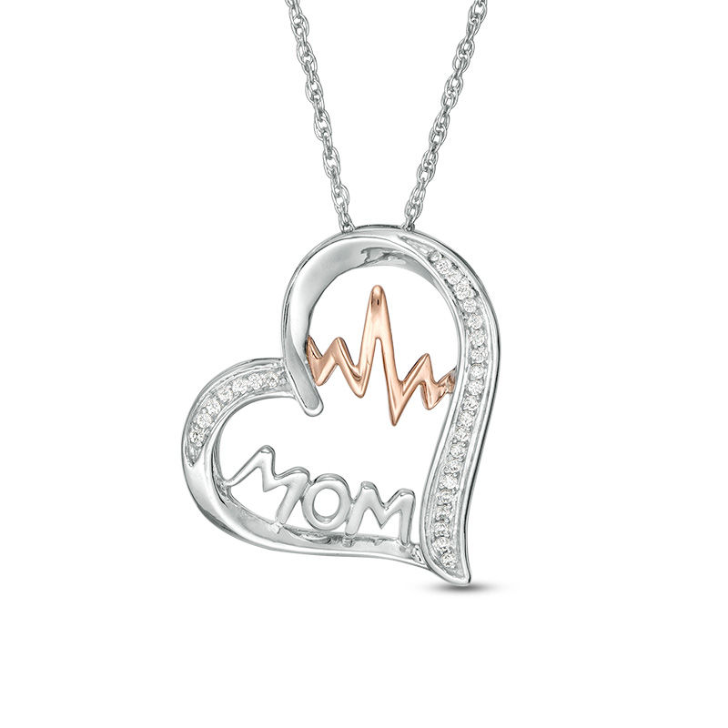 1/15 CT. T.W. Diamond "MOM" and Heartbeat Tilted Outline Heart Pendant in Sterling Silver and 10K Rose Gold