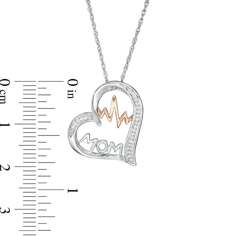 1/15 CT. T.W. Diamond "MOM" and Heartbeat Tilted Outline Heart Pendant in Sterling Silver and 10K Rose Gold