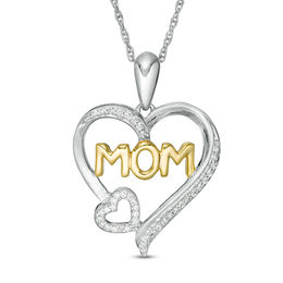 1/10 CT. T.W. Diamond &quot;MOM&quot; Outline Double Heart Pendant in Sterling Silver and 14K Gold Plate
