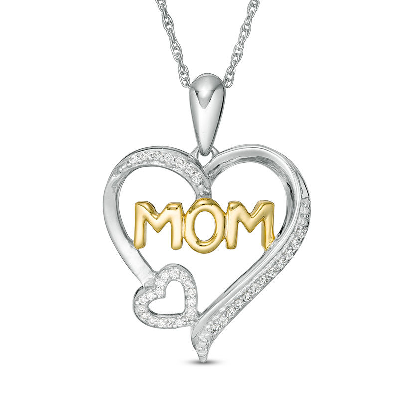 Main Image 1 of 1/10 CT. T.W. Diamond "MOM" Outline Double Heart Pendant in Sterling Silver and 14K Gold Plate