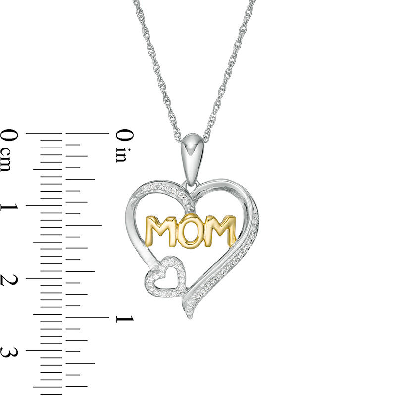 Main Image 2 of 1/10 CT. T.W. Diamond "MOM" Outline Double Heart Pendant in Sterling Silver and 14K Gold Plate