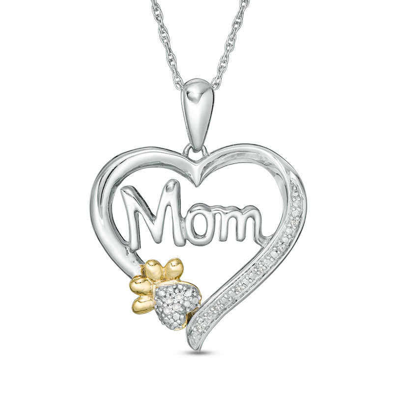 Diamond Accent "Mom" Outline Heart with Paw Print Pendant in Sterling Silver and 14K Gold Plate