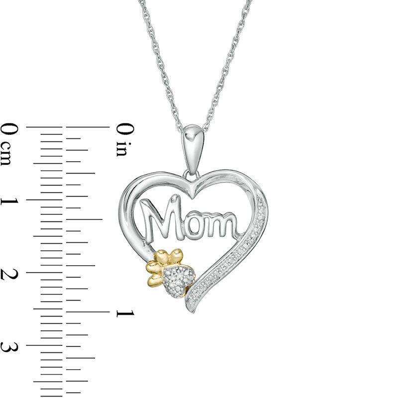 Diamond Accent "Mom" Outline Heart with Paw Print Pendant in Sterling Silver and 14K Gold Plate